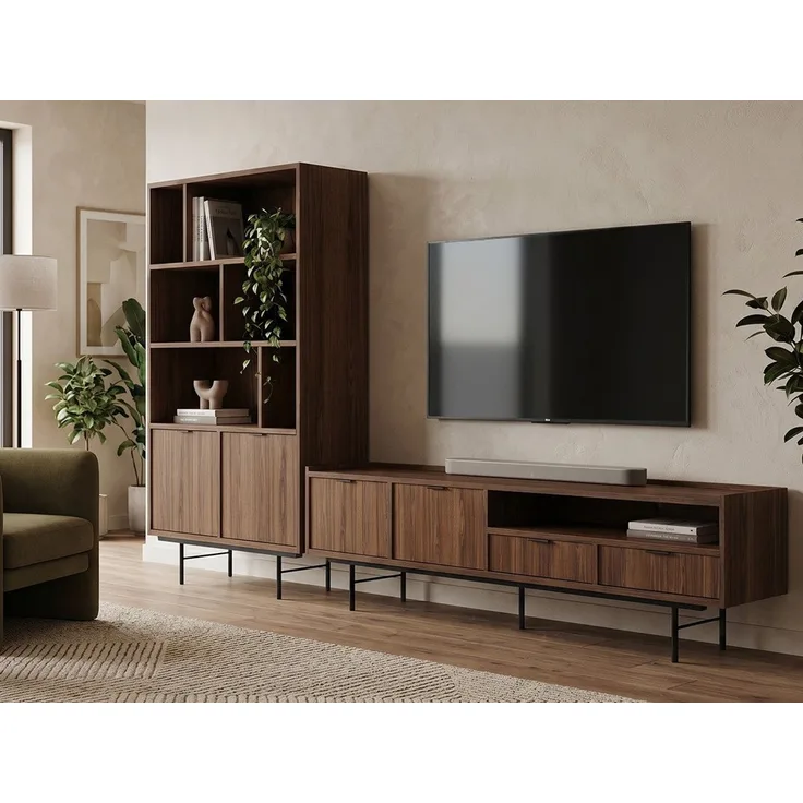 Beautysofa Wohnzimmer-Set Evron 2-teilig Bücherregal 90 cm + TV-Board 200 cm, (Lowboard mit Metallbeinen 20 cm, Schubladen, Türen und offenen Fächern), modernes Wohnzimmermöbel-Set in Warmia Walnuss oder Hikory Natur