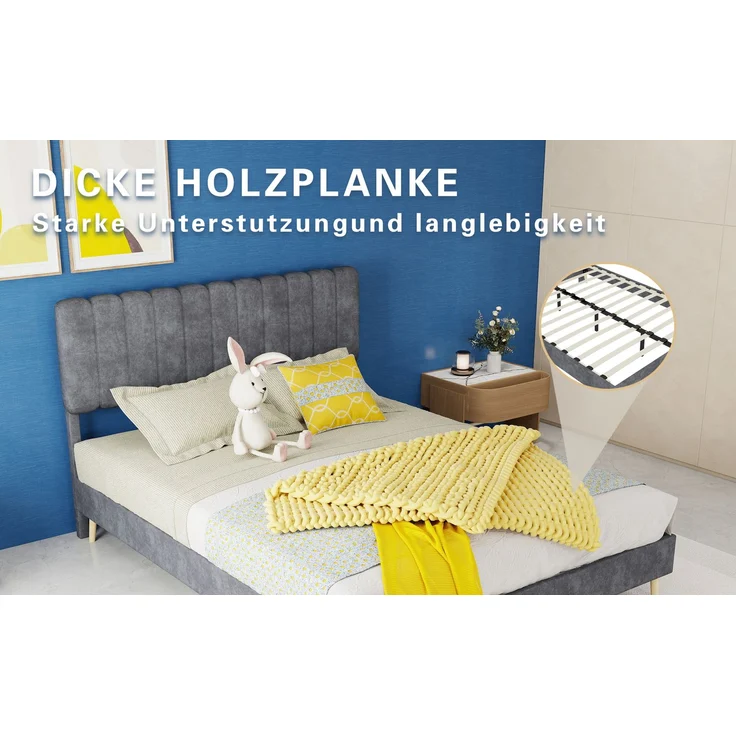 Novelux Polsterbett 140x200 cm mit Weichem Kopfteil – Stabiles Plattformbett aus Holz & Samt Grau, Modernes Minimalistisches Bettgestell ohne Matratze – Bild 5
