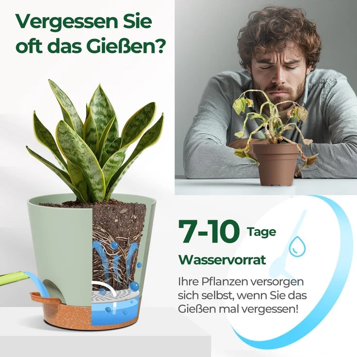 T4U 20cm Kunststoff Blumentopf Selbstbewässerung 3er-Set für Pflanzen Grün – Bild 4
