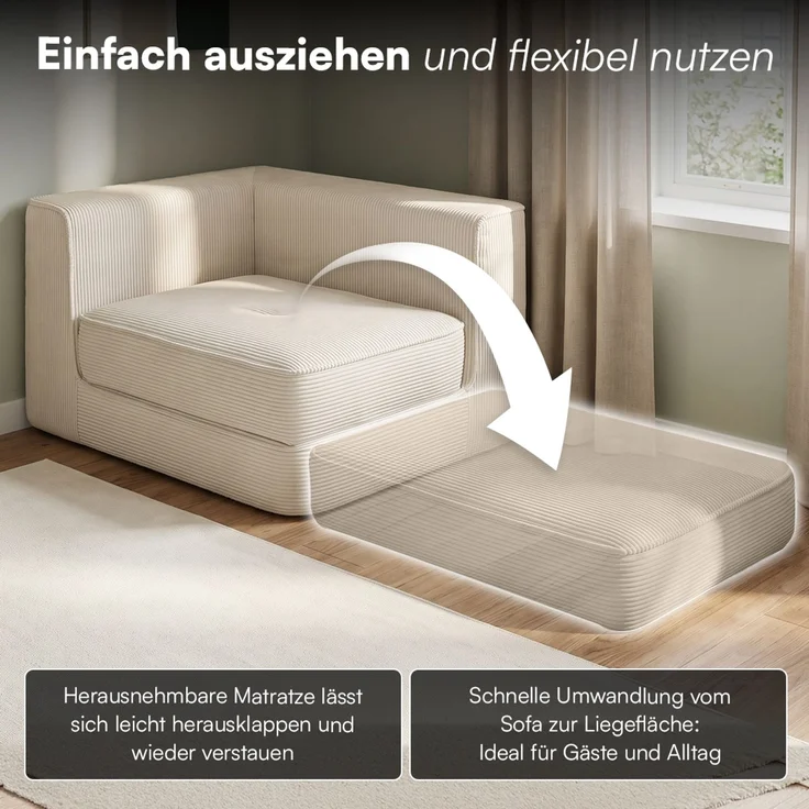 skølm 'Ránar' Ecksessel mit Liegefunktion und 1 Kissen, Sessel ausklappbar, vakuumverpackt ohne Aufbau, beige aus Cord – Bild 6
