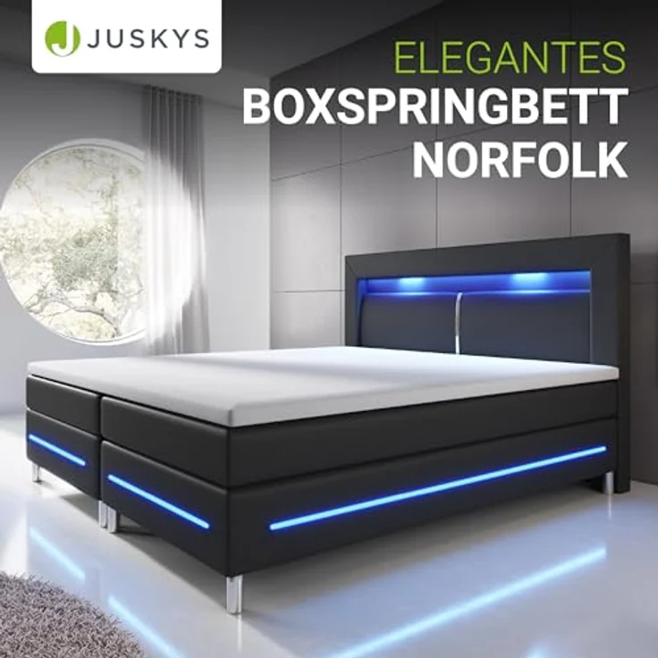 Juskys Boxbett Norfolk, Schwarz, 200x200 cm, Boxspringbett mit LED-Beleuchtung und Bonell Federkernmatratzen – Bild 3