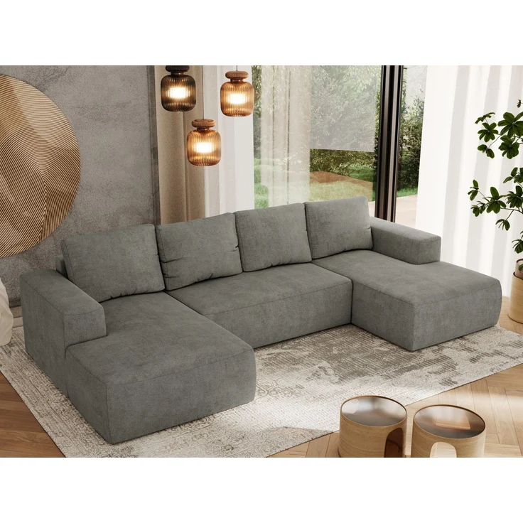 U-förmiges Ecksofa mit Schlaffunktion, Bettkasten und losen Kissen, zwei Armlehnen - TRENTINO U - Grau Stoff – Bild 1