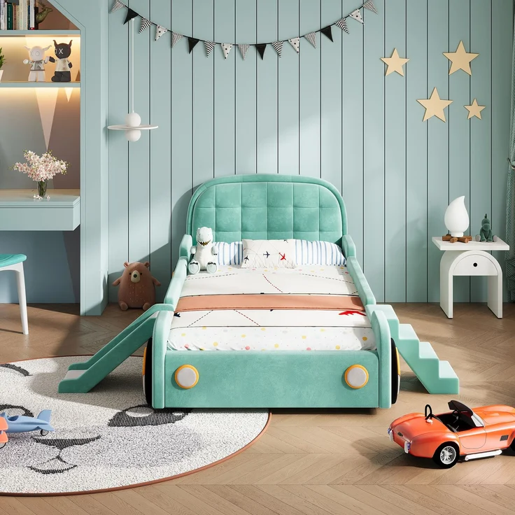 Kinderbett, Autobett mit Rutsche und Treppe, links/rechts montierbar, weiches Polsterbett in Blaugrün, Spielbett mit Fallschutz für Kinderzimmer, 90x200 cm – Bild 3