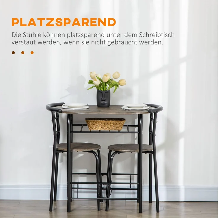 Esstisch-Set 80x53x74,5 cm Schwarz mit 2 Stühlen und Regal, modernes platzsparendes Design – Bild 4