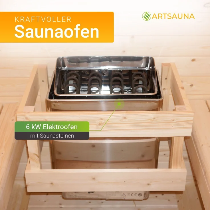 Artsauna Fasssauna Nolvik L, Outdoor-Sauna aus Fichtenholz, 6 kW Ofen, LED, Komplettset mit Sanduhr, Eimer & Thermometer, winterfest, Cube Design – Bild 5