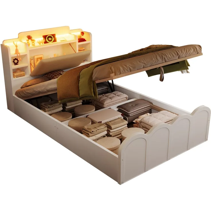 Holzbett mit RGB LED-Streifen, Stauraum, Lattenrost, Kopfteil mit Polsterung, Regal, USB, Type-C, 90x200cm, Einzelbett, Stauraumbett, Jugendbett