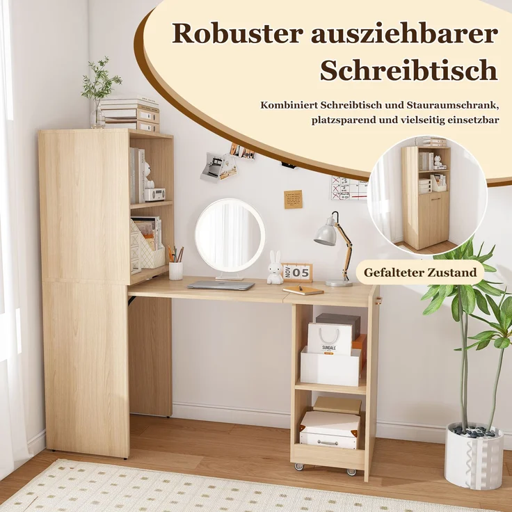 Ausziehbarer Schreibtisch mit Stauraumschrank & Kippsicherung, platzsparender Klappschreibtisch mit verstellbaren Ablagen & ausziehbarer Tischplatte für Schlafzimmer & Arbeitszimmer, Helle Eiche natur--Naturholz--76x55x136cm--YOUDENOVA – Bild 2