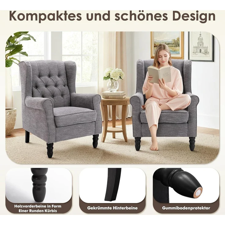 COLAMY Mid-Century Modern Sessel Wohnzimmer, Gepolsterter Wingback-Sessel mit Knopfsteppung, loungesessel Bezug aus Gewebe mit Massivholzbeinen für Wohnzimmer, Büro, Café - Dunkelgrau – Bild 3