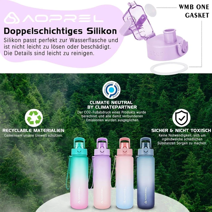 AOPREL Trinkflasche 1l BPA-frei Tritan Kohlensäure geeignet lila rosa体Verlauf – Bild 4