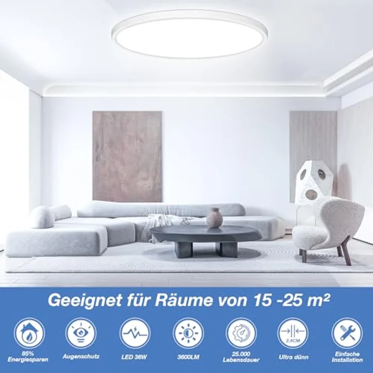 Deckenlampe Led Deckenleuchte Flach Rund - Ø40CM 36W 3600LM Modern 6500K Kaltweiß Küchenlampe Badlampe Led Deckenlampe Wohnzimmer Lampe Decke für Küche Schlafzimmer Badezimmer Kinderzimmer Utra Dünn – Bild 4