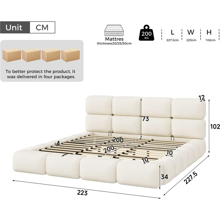 Polsterbett, Doppelbett, 200 x 200 cm, hydraulisch verstellbares Bett, Wolkenbett, Stauraumbett, Bubble-Design, mit Lattenrost, Kopfteil und großem Stauraum, gepolstertes Kopfteil, weißer Schlingenveloursstoff. – Bild 5