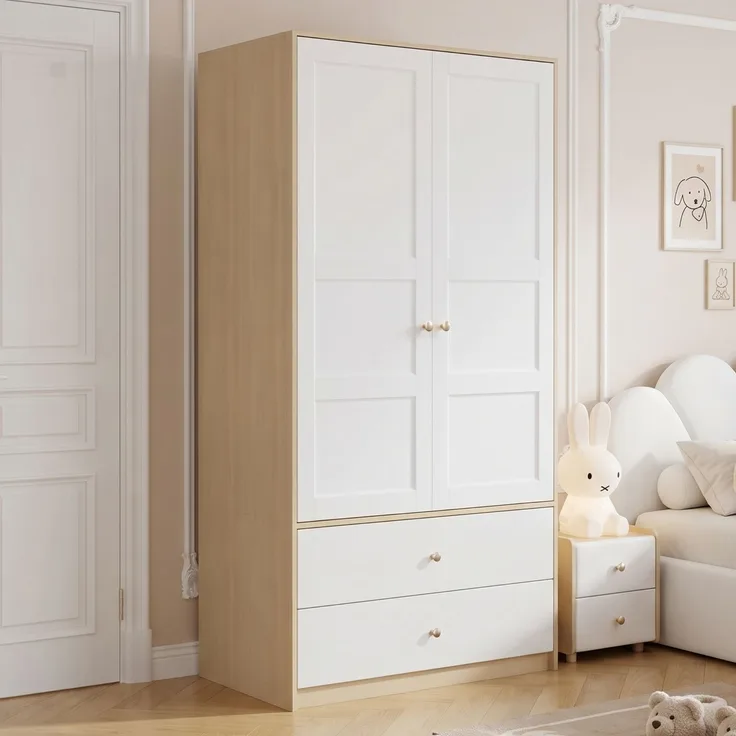 ZUBALIYA Doppeltüriger Kleiderschrank, 2-türiger Kleiderschrank, mit 2 Schubladen und Kleiderstange, Schlafzimmermöbel, Garderobenschrank, Kleiderschrank mit Kleiderstange, 100 x 48 x 180 cm,Weiß und Holzoptik