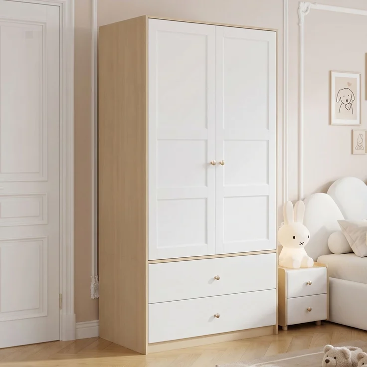 ZUBALIYA Doppeltüriger Kleiderschrank, 2-türiger Kleiderschrank, mit 2 Schubladen und Kleiderstange, Schlafzimmermöbel, Garderobenschrank, Kleiderschrank mit Kleiderstange, 100 x 48 x 180 cm,Weiß und Holzoptik – Bild 1