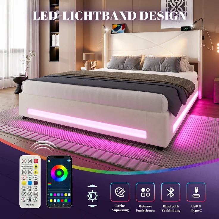 LVHOM Boxbett 140x200cm, Bettgestell mit integrierter Beleuchtung & Stauraum, USB/Typ-C-Ports, XXL-Hydraulik-Storage, platzsparend & Smart-Home-Anschlüssen – Bild 4