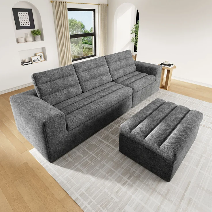 Ecksofa 253 x 161 x 89 cm in Hellgrau, modulares Chenille-Sofa mit Hocker, rahmenloser Schaumstoffpolsterung – Bild 4