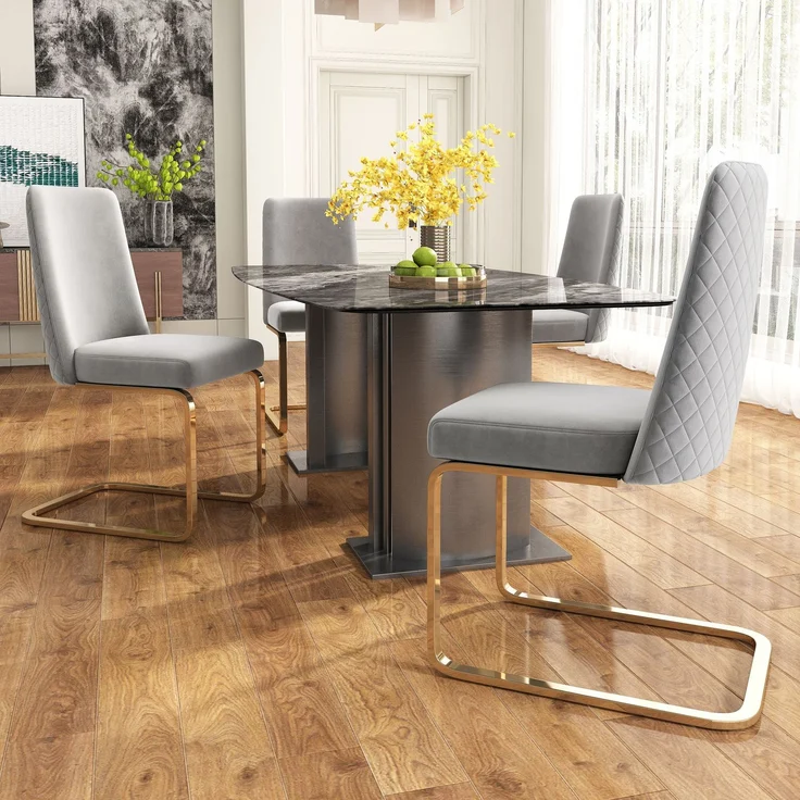 Esszimmerstuhl Samt Grau 2er Set mit Rauten Design Rückenlehne,Polsterstuhl ergonomisch gepolstert mit Metallbeinen, Loungesessel stilvoll weich – Bild 2