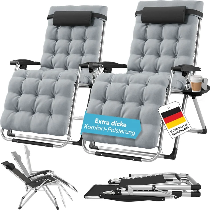 STEELSØN 'Lysira' Liegestuhl, klappbar & wetterfest, grau/silber, Sonnenliege mit extra dicker Polsterauflage, verstellbarer Gartenstuhl, bis 200 kg belastbar, 2er Set – Bild 1