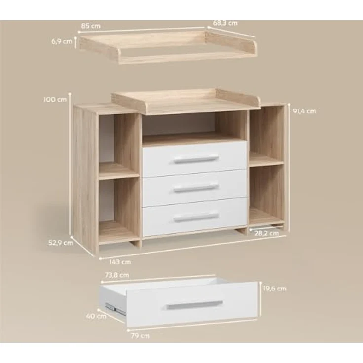 Livinity® Wickelkommode Torino, Weiß/Sonoma/Sonoma, XL mit Schubladen – Bild 4
