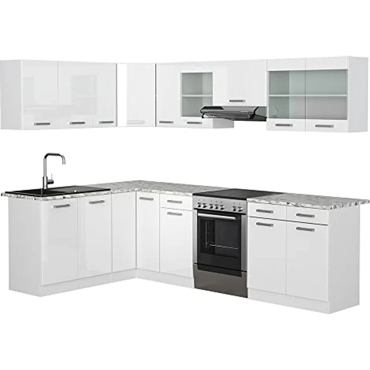 Eckküche Rick Weiß Hochglanz/Weiß 270 x 60 cm , AP Marmor Vicco – Bild 2