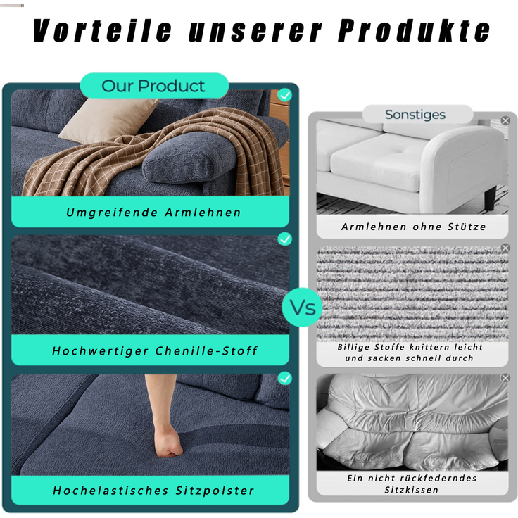 EINHOM 187, 5 cm L-förmiges Sofa, dreisitzig mit 3 Sitzkissen, austauschbare Liegeseite links/rechts, gepolsterte Armlehnen, Chenille-Stoff, Metallfüße, blau – Bild 2