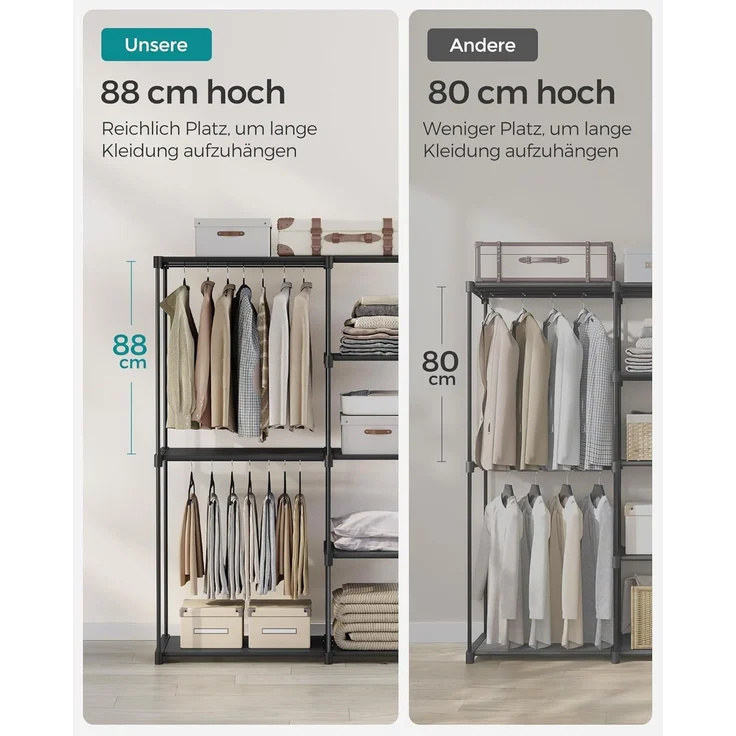 SONGMICS Kleiderschrank offen, freistehende Garderobe, Standregal, Kleiderständer mit Kleiderstangen, Garderobenständer, Ankleidezimmer, Schlafzimmer, 43 x 124 x 182 cm, schwarz RYGDE026B02 – Bild 3