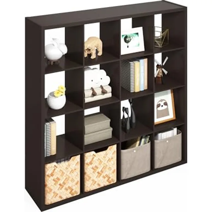 Furinno Simple Würfel-Aufbewahrungsorganizer, 16-Würfel Display-Regal, offenes Rückseitenregal, Aufbewahrungsregale, extra Dickes Gestell, Dunkle Eiche