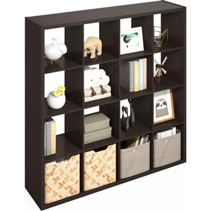 Furinno Simple Würfel-Aufbewahrungsorganizer, 16-Würfel Display-Regal, offenes Rückseitenregal, Aufbewahrungsregale, extra Dickes Gestell, Dunkle Eiche – Bild 1