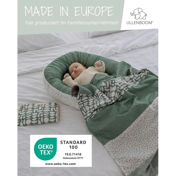 ULLENBOOM ® Babynest - 100% OEKO-TEX Materialien & Made in EU, Grün - Babynestchen Neugeborene aus kuscheliger Baumwolle, Ideal als Reisebett & Kuschelnest geeignet – Bild 3