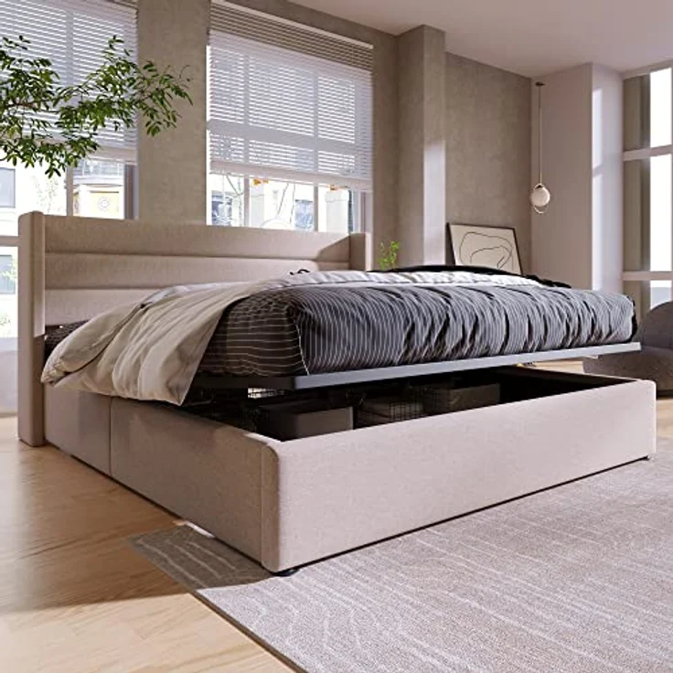 Ball & Cast Polsterbett (180x200cm) mit Stauraum, Stauraumbett mit Metallrahmen-Lattenrost, Einfache & Zeitsparende Montage, Ohne Matratze, Beige – Bild 4