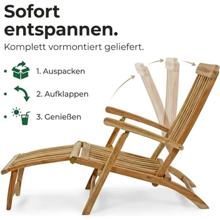 SAM Teak Holz Deckchair, Sonnenliege- Stuhl, verstellbar, geschliffen, zusammenklappbar, Balkon, Terrasse und Garten – Bild 6