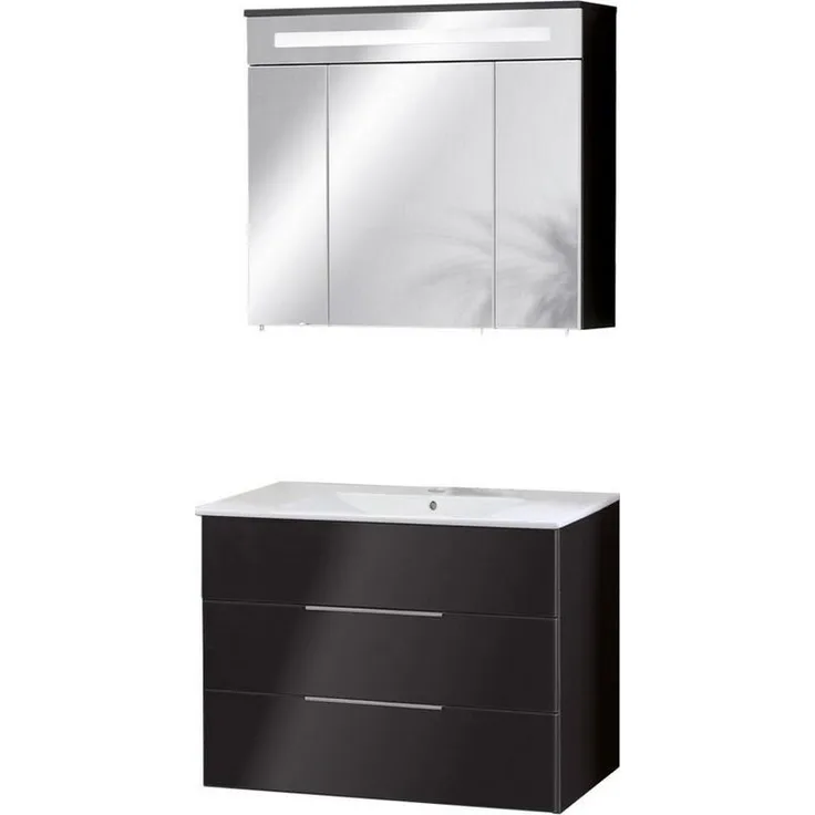 FACKELMANN KARA Waschtisch Set mit Spiegelschrank 80 cm breit, Anthrazit, Waschbecken Keramik Weiß, 2 Schubladen
