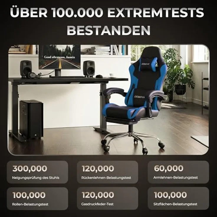 Dowinx Gaming Stuhl, Ergonomischer Gamer Stuhl für Büro und Home Office, Verstellbarer Bürostuhl mit Rückenlehne bis 150°, mit Fußstütze, Belastbar bis 180 kg, Blau – Bild 4