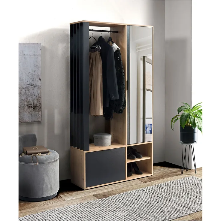 MEBLINI Garderobenschrank Flur mit Spiegel - MILANO - 100x33x190cm R/L - Artisan Eiche/Schwarz - Garderobe Schrank - Flurgarderobe schmal - Garderobe Flur Möbel Set - Flurschrank hoch