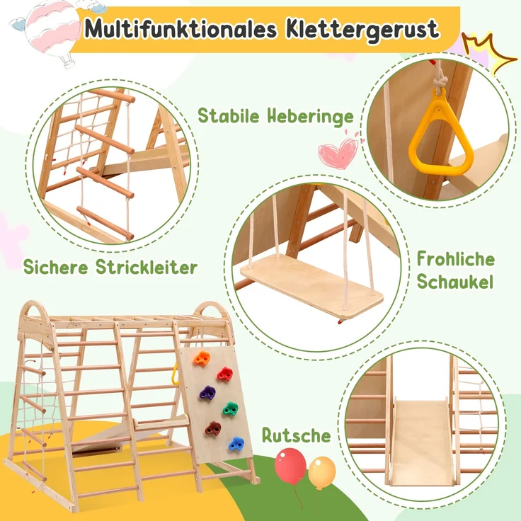 7-in-1-Multifunktions-Klettergerüst ,Massivholz, Sperrholz und Buchenholz. Schaukel, Kletterleiter, Kletterplattenrutsche, Ein Netz zum Klettern, Kletterstein aus Kunststoff. Ringe. Kann als Zelthaus. – Bild 8