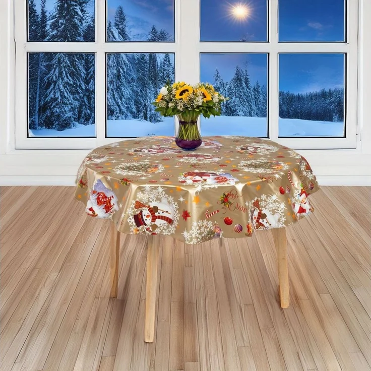 laro Tischdecke 140cm rund Wachstuchtischdecke Garten Weihnachten Schneemann Gold Weiß – Bild 3