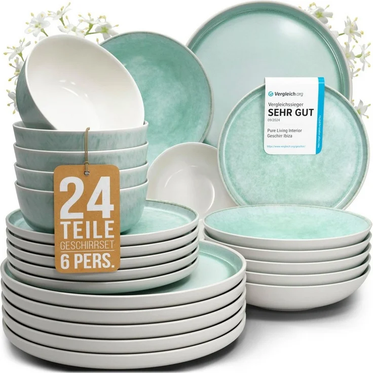 PURE LIVING INTERIOR DESIGN Geschirr-Set Ibiza aus Steingut, 24-tlg, für 6 Personen, Türkis (24-tlg), 6 Personen, Steingut – Bild 1
