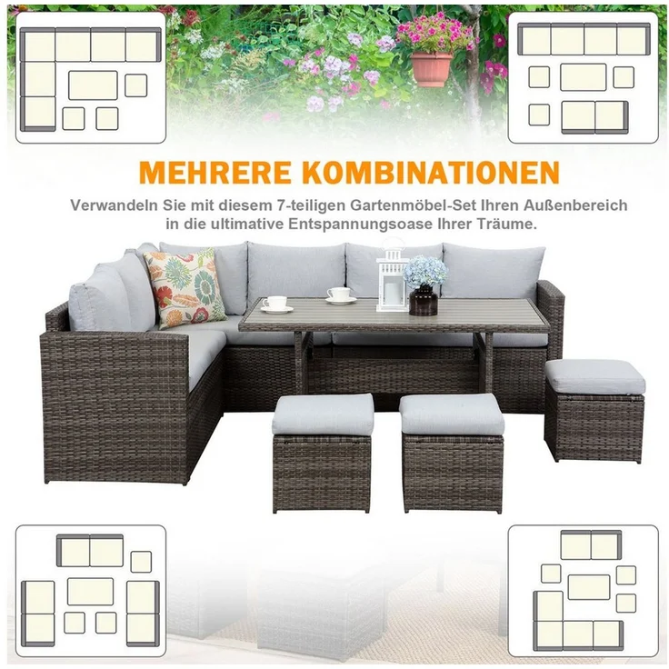 MeXo Loungeset Rattan Gartenmöbel Set 8 Personen Wetterfest, (Esstisch breit 132 x 76 x 67 cm, 7-tlg, Belastbarkeit pro Sitzplatz bis zu 140kg), Gartenlounge Set mit Esstisch, Verbreiterte Armlehne, Stahl/Polyrattan – Bild 2