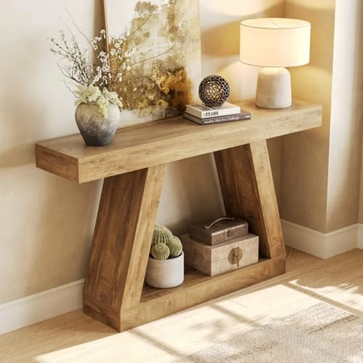 LITTLE TREE 140 cm-Sofatisch mit Stauraum, Konsolentisch im Landhausstil für zu Hause, rechteckiges Holzmöbelstück für den Eingangsbereich, Wohnzimmer, Schlafzimmer, Büro, Flur, Eiche – Bild 5