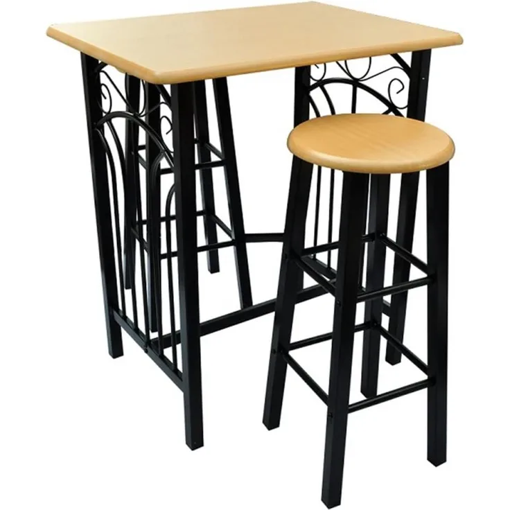 vidaXL Bartisch- und Hocker-Set 3-tlg. Holz und Stahl