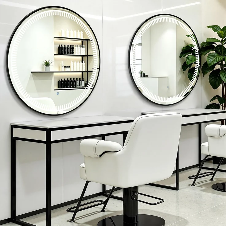BarberPub Wandspiegel mit Beleuchtung, Badspiegel mit Aluminiumrahmen, Runder Spiegel mit Touch-Schalter, 3 Lichtfarben Dimmbar, Badezimmerspiegel für Friseursalon, Spa, 83x83 cm, J6236 (Schwarz) – Bild 2