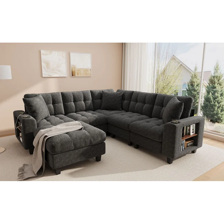 ZUBALIYA Modulare Wohnlandschaft, mit Stauraum, mit USB-C-Anschluss, modular kombinierbar, mit Getränkehaltern, mit Hocker, H 83 × T 216.5 × B 216.5 cm, Grau, Chenille – Bild 19