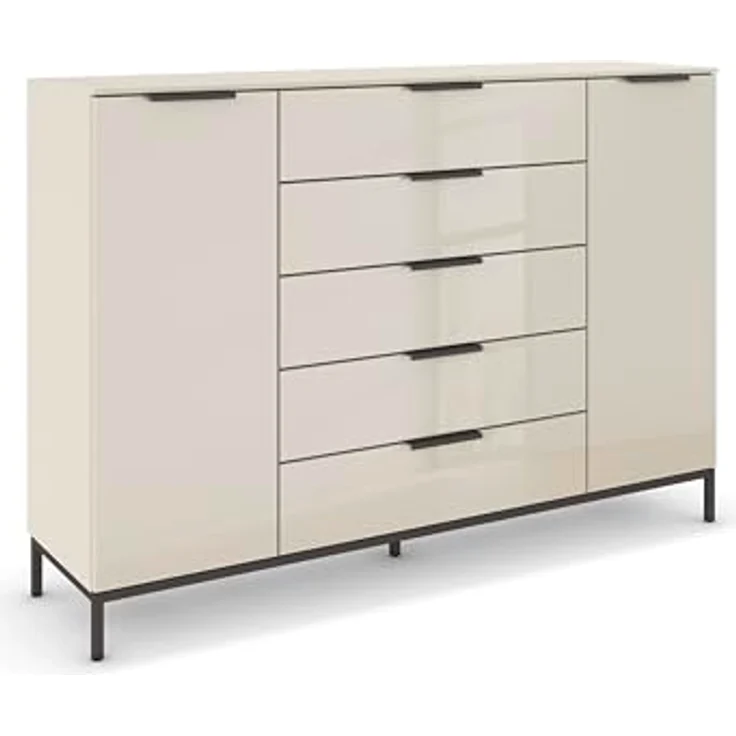 Rauch Möbel Flipp, Nachttisch für Schlafzimmer, Kinderzimmer, Wohnzimmer, Flur, Garderobe, 2-türig, 5 Schubladen, mit Softclose-Funktion, Griffe und Metallkufe Graphit, Farbe Glas Beige, Breite 160 cm – Bild 2