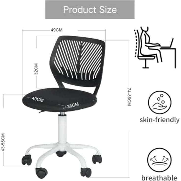 FurnitureR Teenage, Height Adjustable Armless Task, Colourful Study for Home and Computer, Ergonomic & Swivel Office, 40,5 x 44 x 87 cm, Schwarz, Metall, 44 x 40 x 87 cm – Bild 2