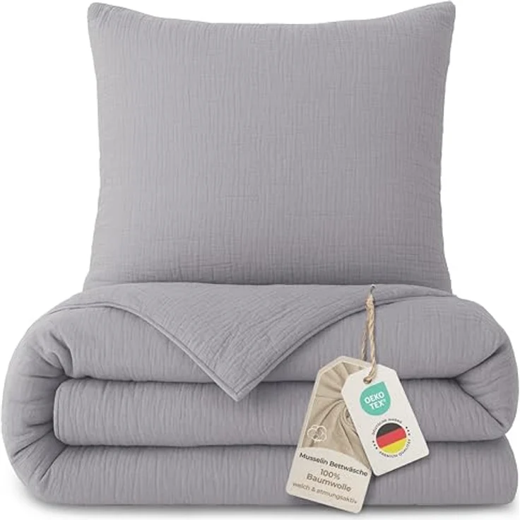 Laynenburg Bettwäsche Musselin aus 100% Baumwolle in 135x200 oder 155x220 cm, atmungsaktiv & bügelfrei – 3 lagig mit Reißverschluss & Haltebändern – Bild 2