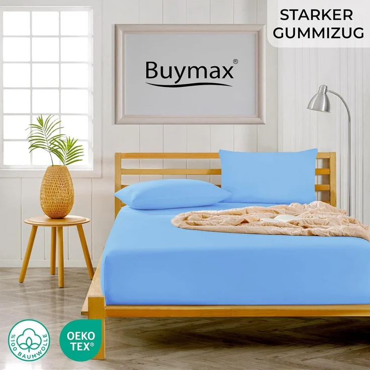 Buymax® Spannbettlaken 200x200 cm Baumwolle 100% Spannbetttuch Bettlaken Jersey, Matratzenhöhe bis 25 cm, Farbe Hellblau – Bild 2