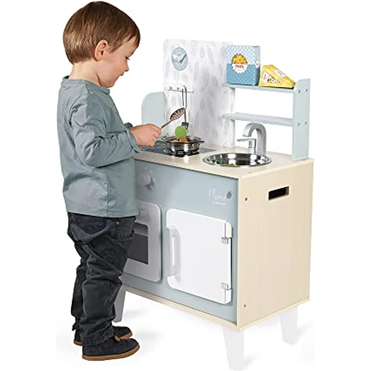 Janod - Küche ‘Plume’ - Kinderküche aus Holz mit Backofen, Edelstahlspüle, Schrank, Induktionskochplatten und Uhr - Spielküche mit 5 Zubehörteilen - Ab 3 Jahren, J06608 – Bild 9