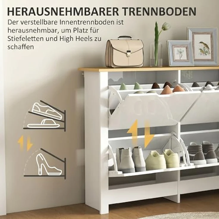 HOMCOM Schuhkipper Schuhregal mit 4 Klappen für 16 Paar Schuhe, Weiß+Natur, kompakte Abmessungen 105 x 26 x 80 cm, stabil und kippsicher – Bild 6