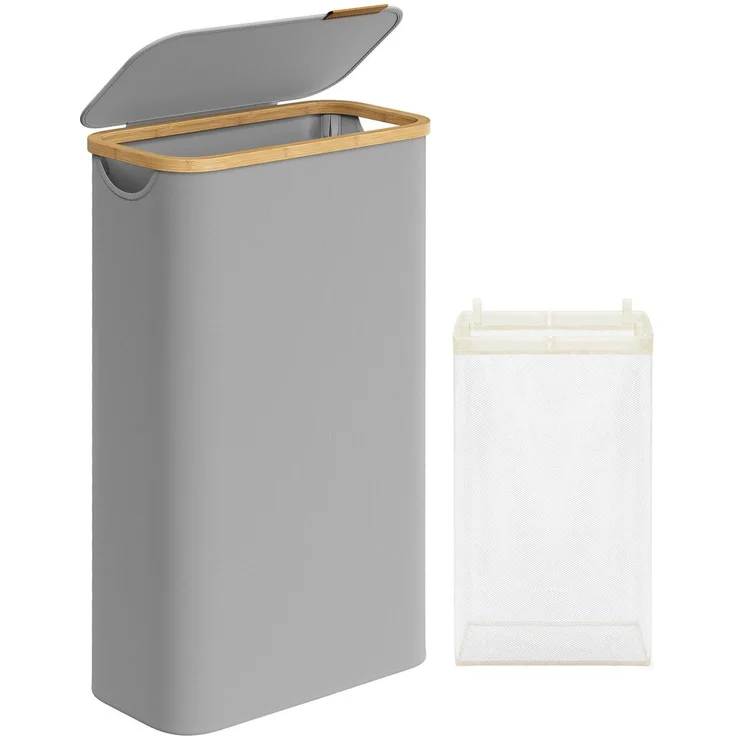 SONGMICS Wäschekorb mit Deckel und herausnehmbarem Wäschesack, zusammenklappbar, Bambus / Oxford-Gewebe taubengrau, 65 l – Bild 1
