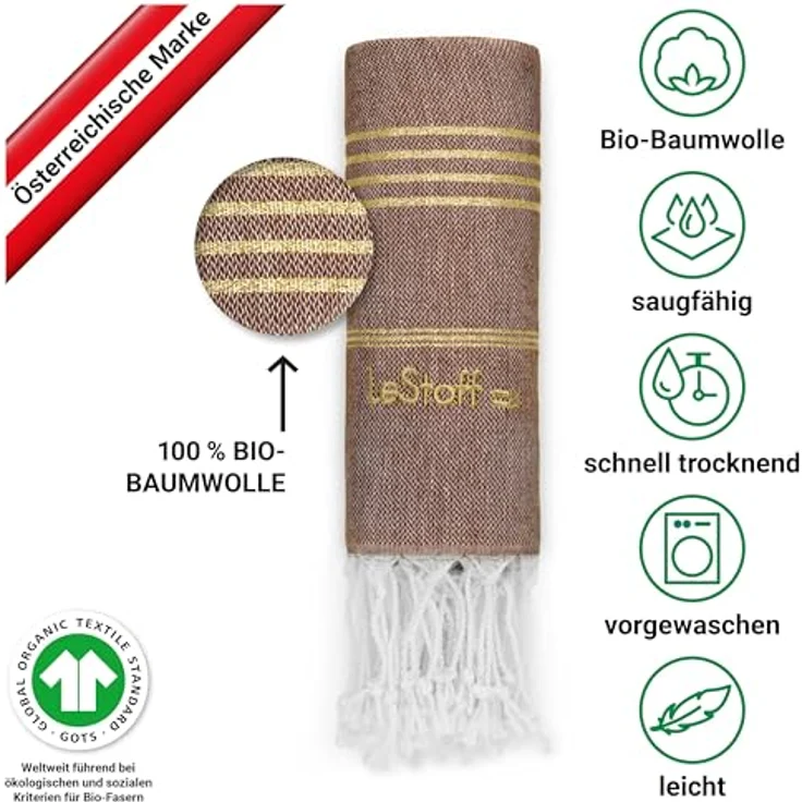 LeStoff Hamamtuch, 100% Bio-Baumwolle, saugstark und schnell trocknend, 95 x 180 cm, Brown-Gold – Bild 3