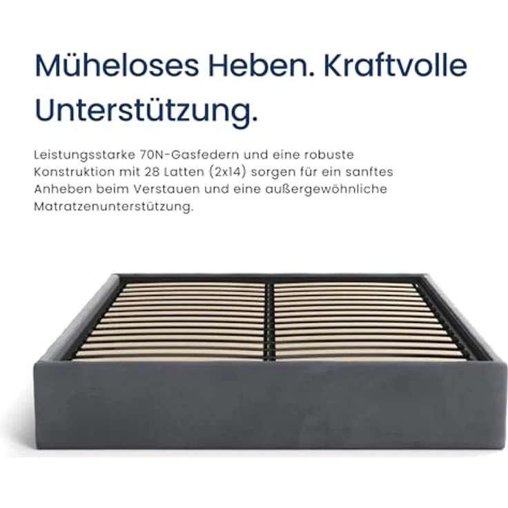 Home Collective Polsterbett Doppelbett 160x200 cm, platzsparend ohne Kopfteil, mit Lattenrost & Stauraum, weiche Samtpolsterung in graphit – Bild 4